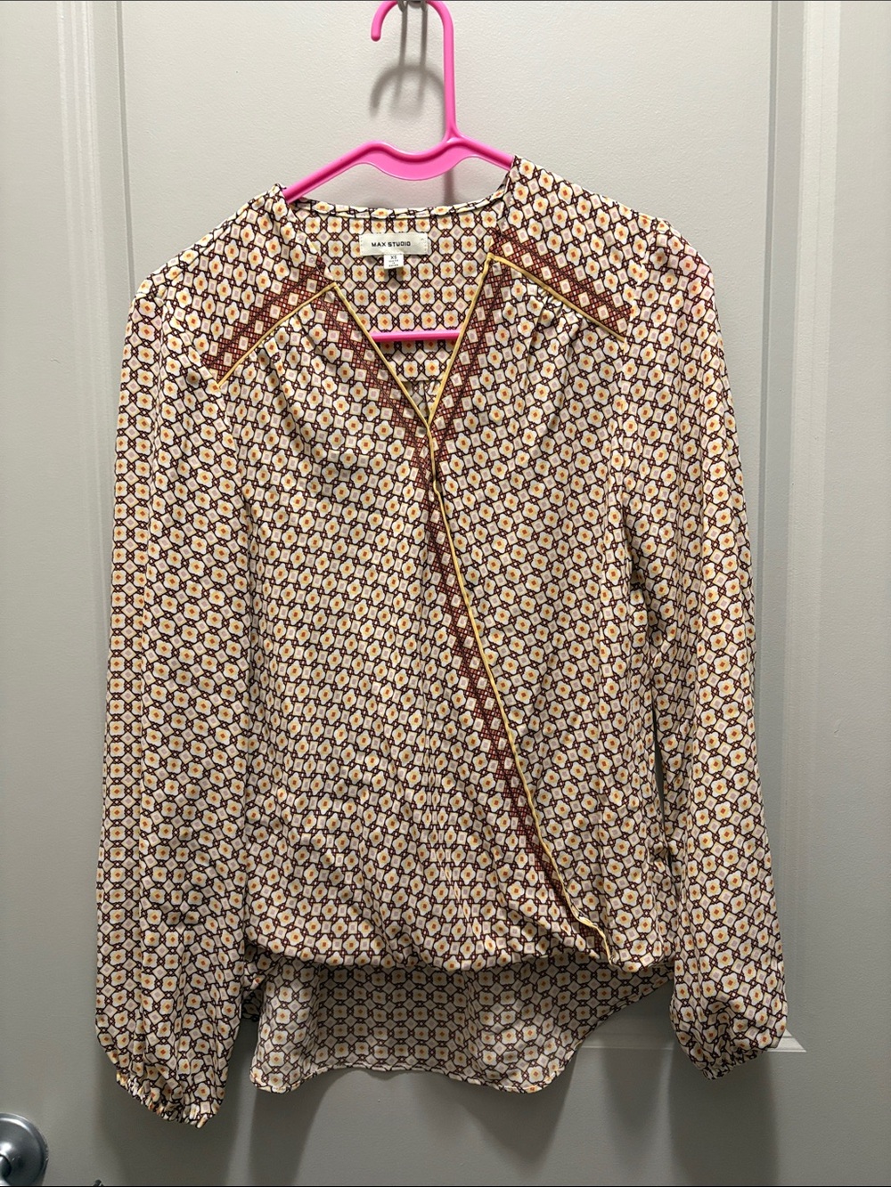 Max Studio Cream and Burgundy Geometric Print Blouse